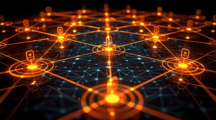 Fototapete - Vivid depiction of a connected network featuring illuminated nodes and lines representing data flow in a futuristic digital landscape during nighttime.