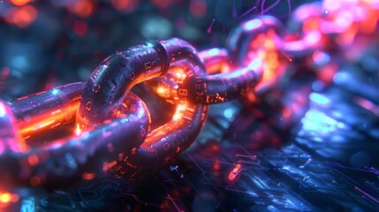 Leinwandbilder - A close up view of a glowing chain symbolizing digital blockchain technology set against a dark, high tech background. The details and colors emphasize a modern, interconnected world.