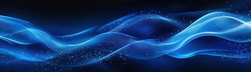 Wall Mural - abstract blue wave light pattern with sparkling particles on dark background for futuristic and eleg