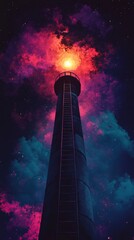 Wall Mural - lighthouse illuminating colorful nebula and starry night sky