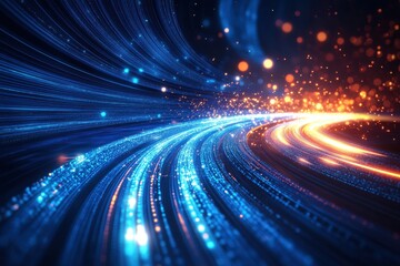 Wall Mural - dynamic abstract light trails in motion with vibrant blue and orange glowing particles creating a fu