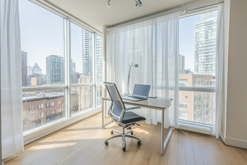 Wall Mural - Modern home office with city view, laptop on desk, chair, sunlight, hardwood floor, large windows, and sheer curtains.