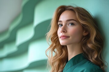 Wall Mural - Elegant portrait of a young woman in green attire against a textured wall