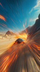 Wall Mural - turtle running fast in desert leaving fire trail, surreal image