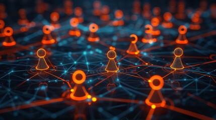 Fototapete - Glowing nodes form a complex network in a digital space, symbolizing data flow and connectivity. The scene is rich in color and depth, highlighting technology's impact on interaction.