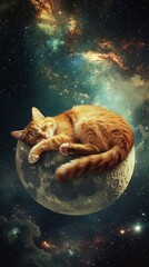 Wall Mural - ginger cat sleeping on the moon in a starry sky