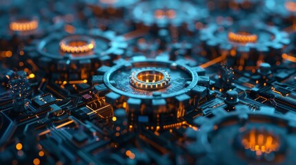 Leinwandbilder - A detailed arrangement of interconnected gears and circuitry emits a warm glow, creating a captivating display of technology in a dark, futuristic environment.