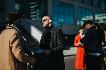 Wall Mural - A group of business professionals engaging in conversations in an outdoor urban area. The scene depicts a collaborative atmosphere with people in stylish attire and vibrant vendor setups in the