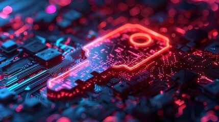 Fototapete - A vibrant digital key design glows against a dark circuit board, highlighting intricate electronic components and patterns in a high tech setting, emphasizing security and innovation.