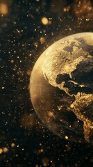 Wall Mural - golden earth rotating in space with particles floating around