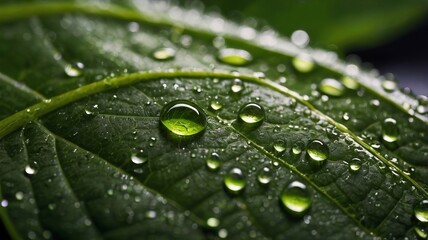 close-up of dew droplets on leaf with light refraction – detailed natural texture