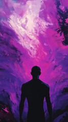 Wall Mural - male silhouette contemplating vivid purple-pink abstract background, blending shadowy figure with dy