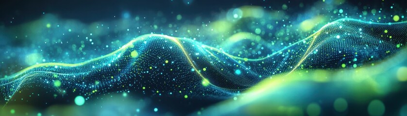 Wall Mural - abstract digital wave with glowing particles in a futuristic neon color palette on a dark background