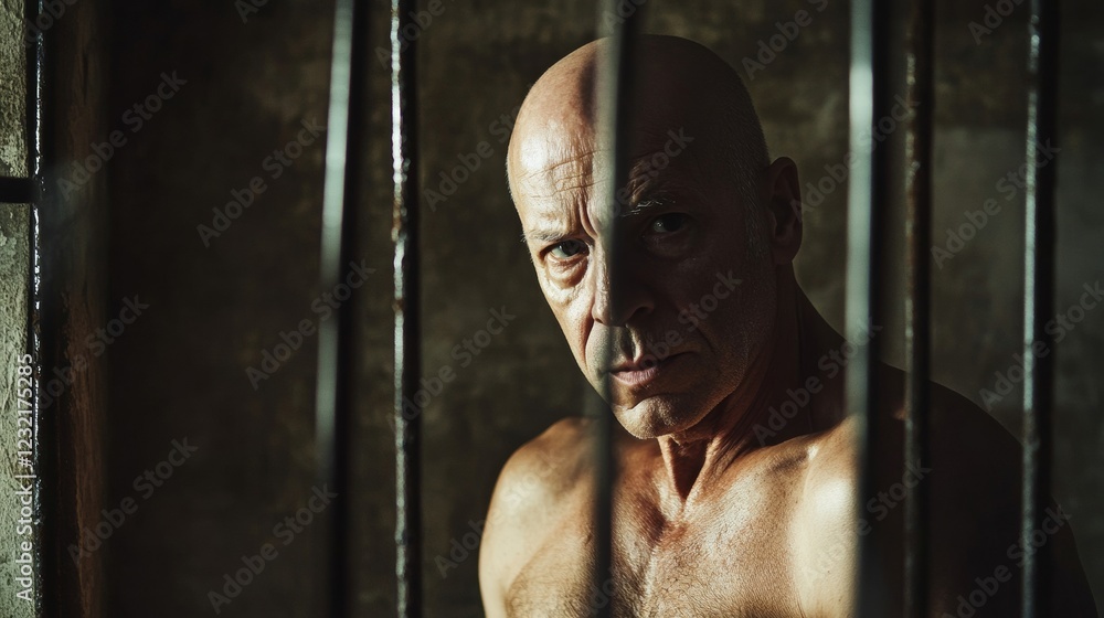 Shirtless mature man sitting behind bars in a dark jail cell, grappling ...