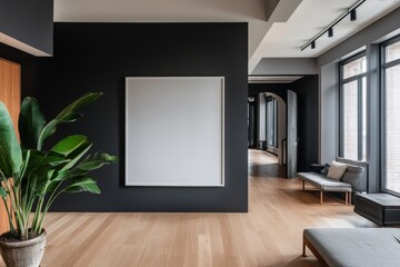 Poster - Modern apartment interior with blank canvas, hardwood floors, and large windows.