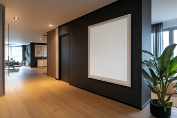 Wall Mural - Modern hallway interior with blank frame mockup.