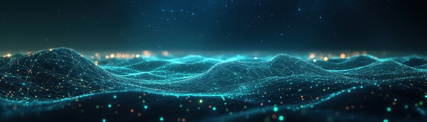 Wall Mural - ** futuristic digital landscape with glowing network connections and abstract waves in a high-tech c