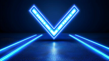 Wall Mural - glowing blue neon v sign, dark room