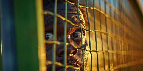 Wall Mural - Close-up of Man's Face Behind Wire Mesh Fence