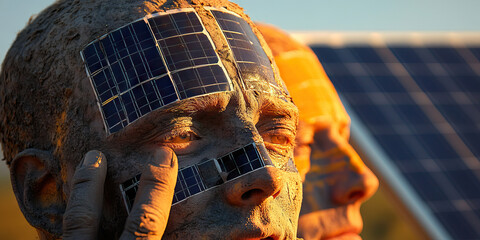 Mud-Covered Face with Affixed Solar Panels and Background Solar Array
