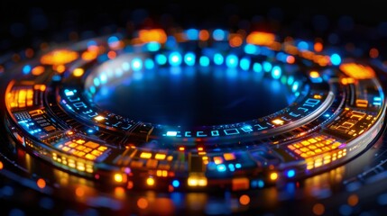 Aufkleber - This artwork features a striking circular design illuminated by bright blue and orange lights, creating a dynamic and futuristic atmosphere on a dark backdrop.