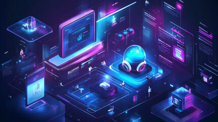 DevOps banner. Concept of development operations, communication of programmers and engineers. Vector landing page of project integration with isometric working people, computer screen and chatbot