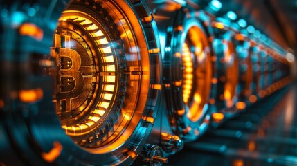 Aufkleber - Inside a modern mining facility, intricate machines reveal glowing bitcoin symbols surrounded by colorful circuits, highlighting the high energy environment of cryptocurrency production.