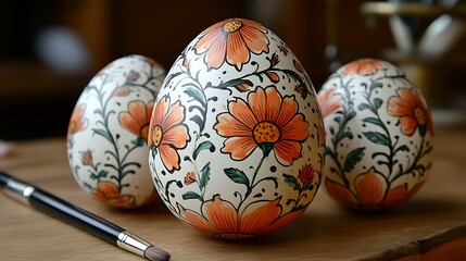 A set of beautifully painted Easter eggs with floral patterns, sitting next to craft tools like paintbrushes and markers