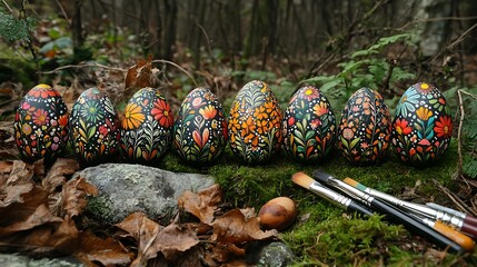 Wall Mural - A set of beautifully painted Easter eggs with floral patterns, sitting next to craft tools like paintbrushes and markers