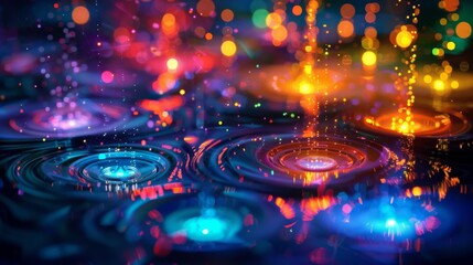Leinwandbilder - Brightly colored droplets fall into a pool of water, creating ripples and reflections of light in a captivating display that evokes a sense of wonder and tranquility.