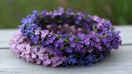 Wall Mural - A set of colorful DIY Easter wreaths made from paper flowers, ribbons, and artificial grass, resting on a wooden table