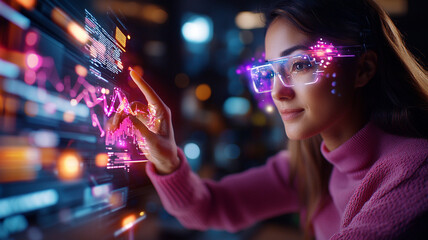 Wall Mural - woman interacting with holographic data visualization display