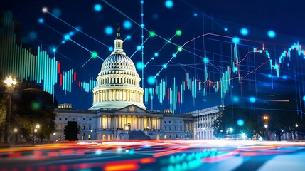 Wall Mural - financial data, government building. a vibrant night scene of the u.s. capitol, illuminated with fin