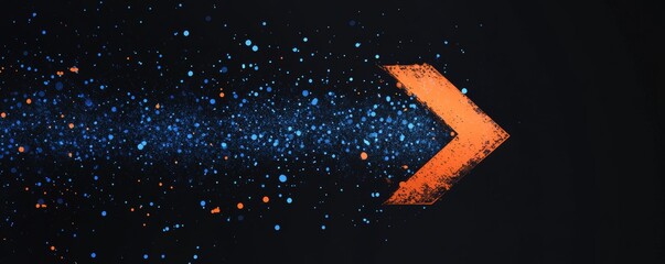 Wall Mural - orange arrow pointing right with a vibrant trail of blue and orange particles on a black background,