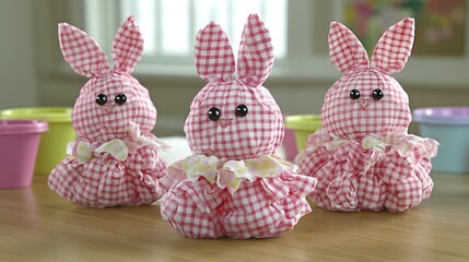 Wall Mural - A set of delicate paper flowers and fabric Easter bunny decorations, arranged on a craft table with colorful paint pots