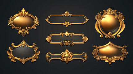 Wall Mural - medieval buttons, ui game menu elements, gold metal oblong banners and ornate rims. empty royal gui 