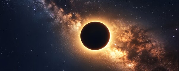 Wall Mural - dramatic total solar eclipse glowing amid dark starry sky, revealing milky way galaxy background dur