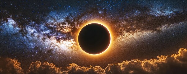 Wall Mural - amazing astronomical event of total solar eclipse glowing in beautiful starry night sky with clouds