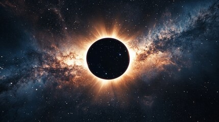 Wall Mural - radiating an orange halo, a black planet orbits during a total eclipse, set against a stunning nebul