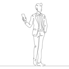 Canvas Print - Continuous one line drawing  businessman talking on smartphone. Man with phone. Young man in business suit. One continuous line isolated minimal illustration.Not AI.