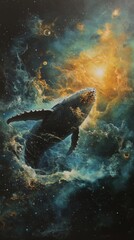 Wall Mural - cosmic whale gliding through vibrant nebula, illuminating starry background with ethereal presence