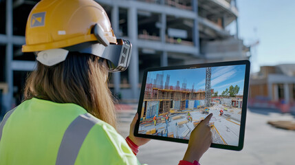 Augmented reality technology and creation of construction project. Cartoon vector men in uniform and woman near table with pc screen design bridge and building with instant visualization in forest.