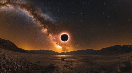 Wall Mural - solar eclipse casting dramatic shadow across desert landscape, milky way galaxy glowing overhead dur