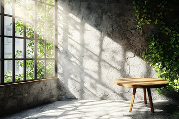 Wall Mural - Sunlit rustic room, wooden table, plant wall, window