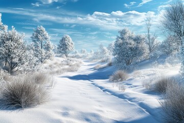 Canvas Print - Snowy path through winter forest, sunny day, postcard