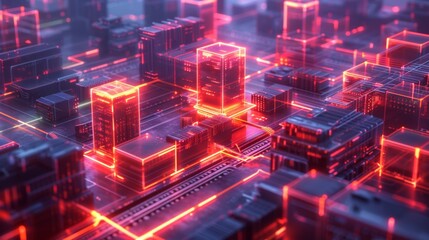 Poster - Brightly lit cityscape features illuminated buildings and complex circuitry patterns, creating a vivid representation of modern technology and urban design during nighttime.