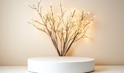 Poster - Illuminated branches on white podium, beige backdrop. Product display