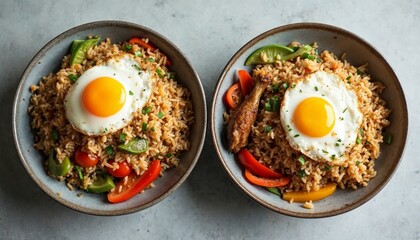 Two bowls of delicious fried rice with egg. Concept of traditional asian food and cuisine.