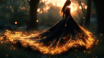 woman in fiery gown, sunset forest, magic, fantasy art