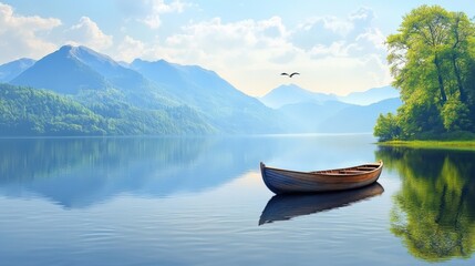 Wall Mural - Serene lake landscape with a wooden boat, surrounded by mountains and lush greenery under a clear sky